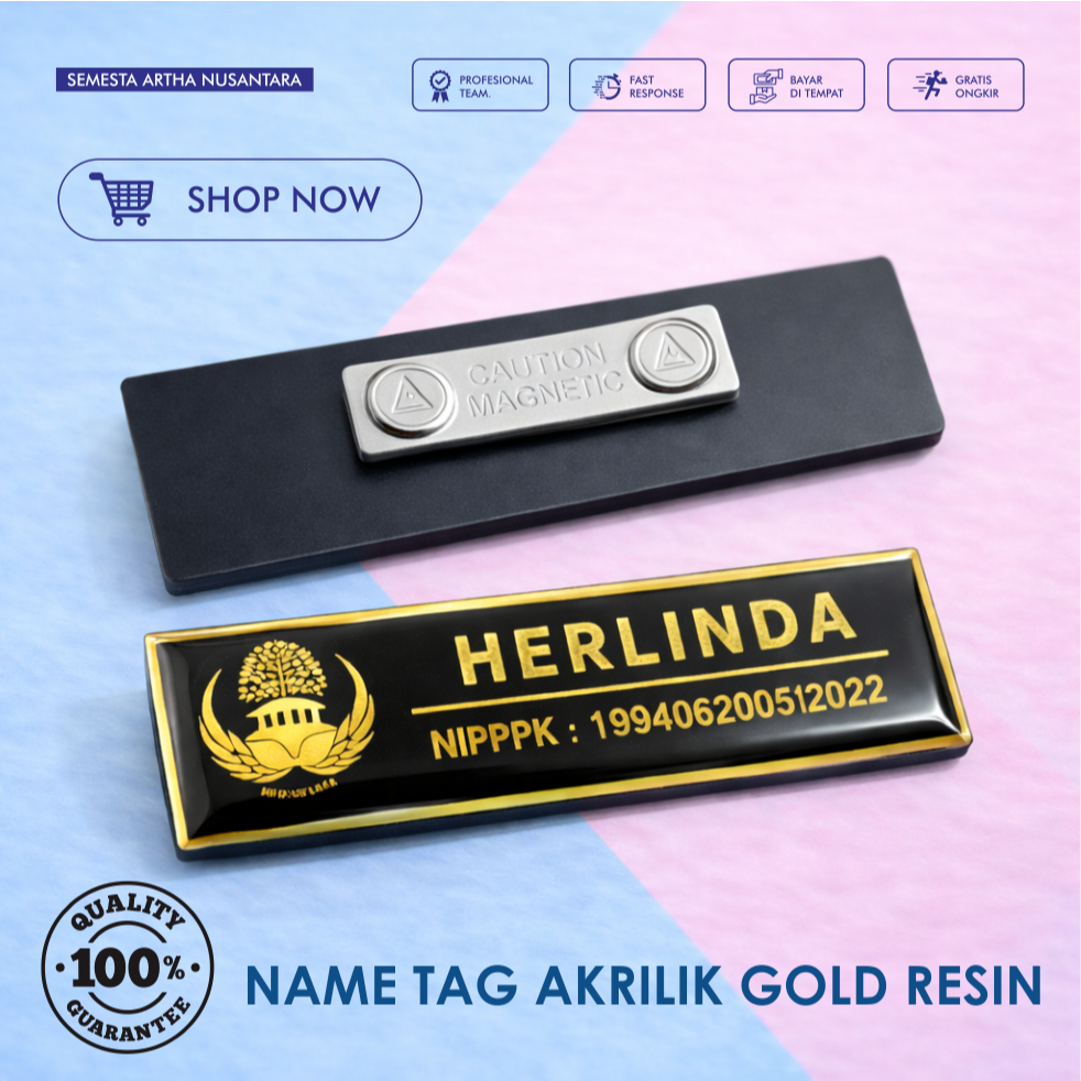 Name Tag Nama Dada Akrilik Magnet Peniti Gold
