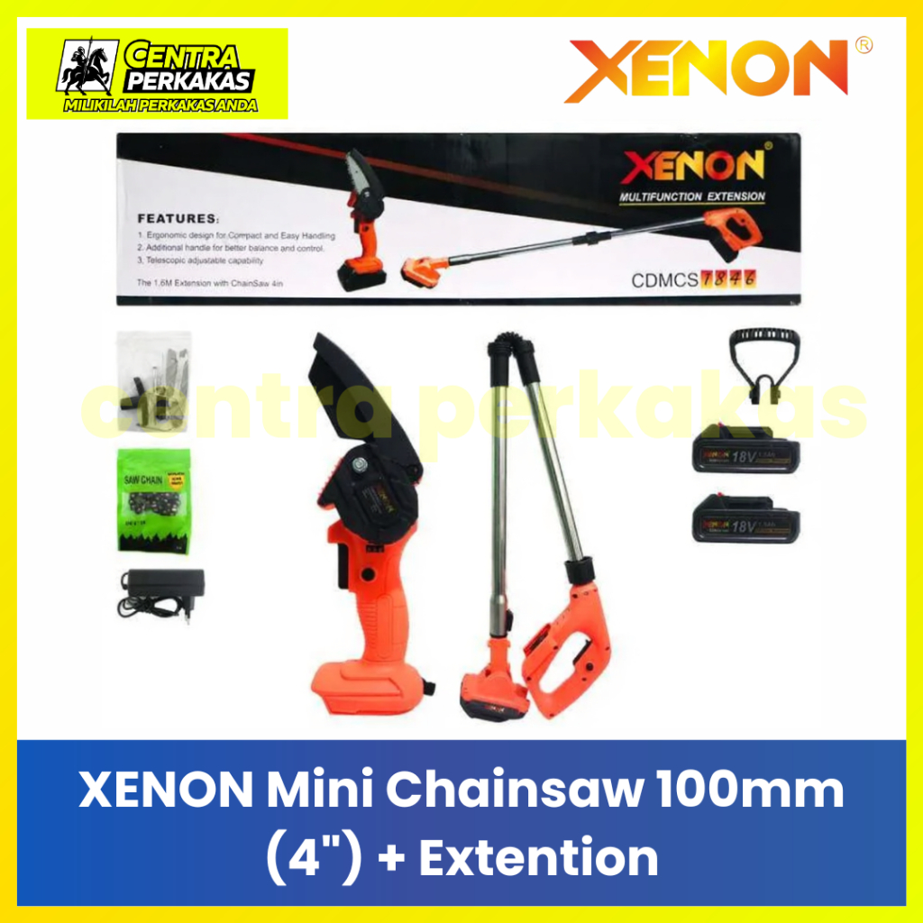 XENON Mini Chainsaw 4 Inch + Extension Pole - Gergaji Mesin Baterai Cordless 100mm Gagang Panjang