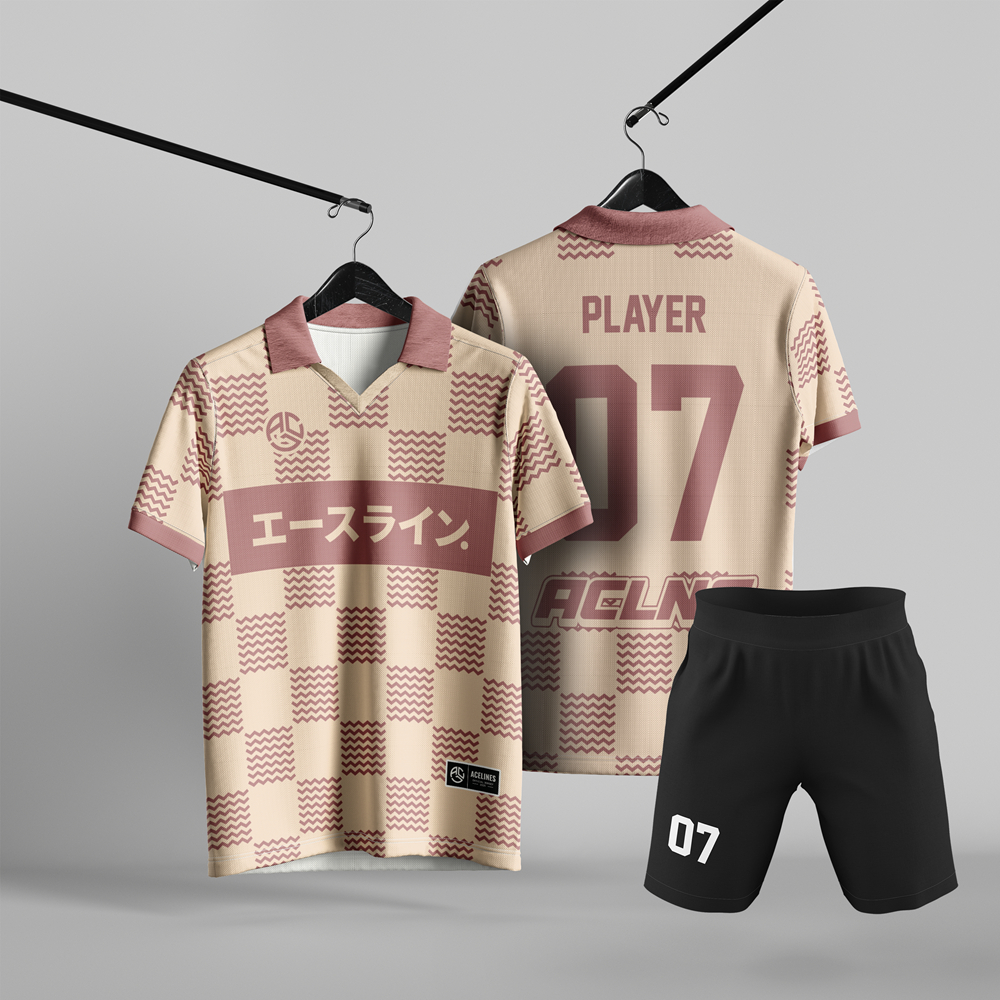 Setelan Jersey Futsal Tim Motif Kotak Jepang Warna Krem Maroon