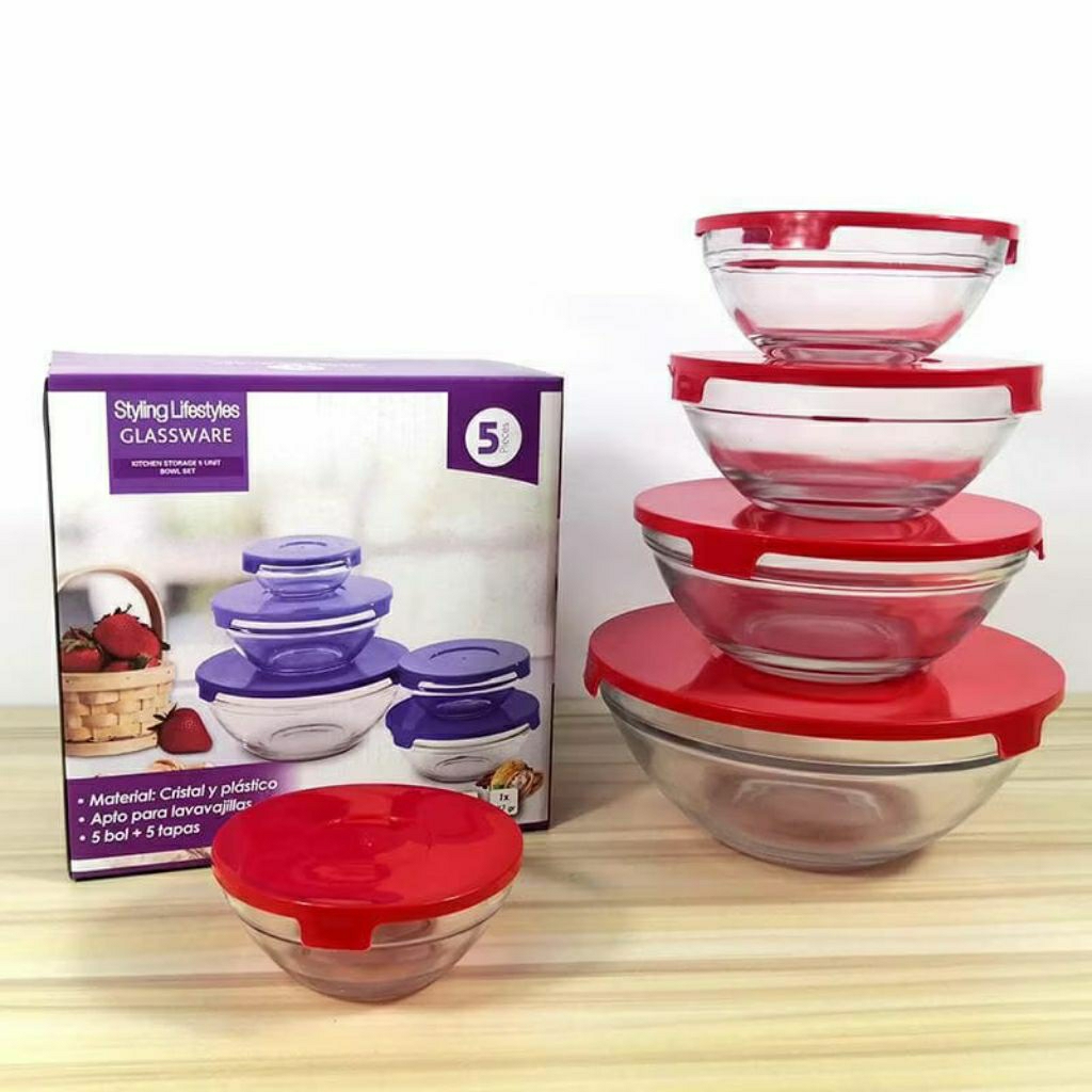 Set Mangkok Kaca 5 Susun - Glass Bowl Set Mangkuk Glass Set Beranak Tahan Panas, Aman Microwave, Mud