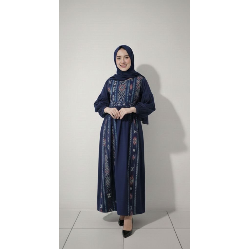 gamis kain tenun Jepara mix polos toyobo CAHAYA TENUN JEPARA potongan pinggang biru navy