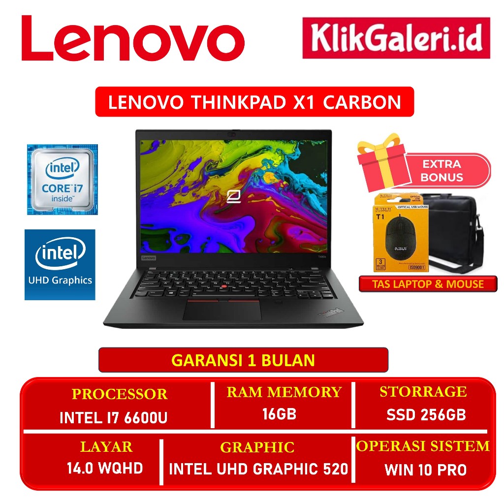 Laptop kerja Lenovo Thinkpad X1 Carbon Intel I7 6600U 16GB 256GB 14.0 WQHD Win10Pro