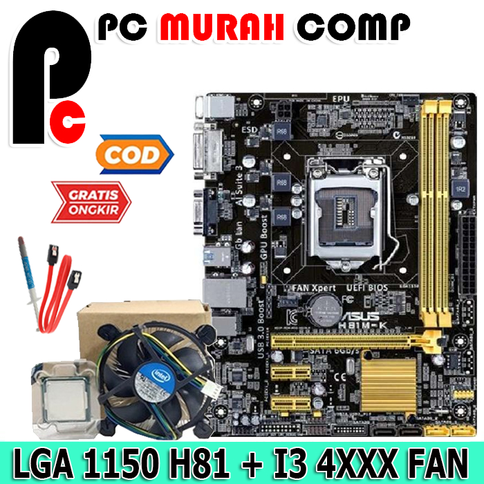 Mobo Mainboard H81 Plus Processor Intel Core i3 Gen 4 LGA 1150 DDR3 ONBOARD