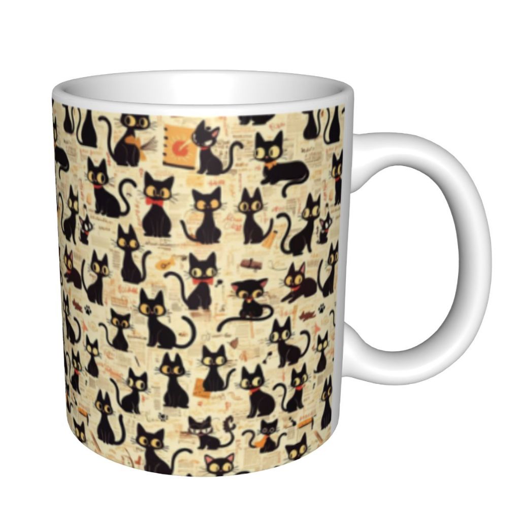 Mug Kopi Pola Kucing Hitam Retro dengan Latar Koran Kuno Koleksi Gelas Desain Vintage Pattern Kucing