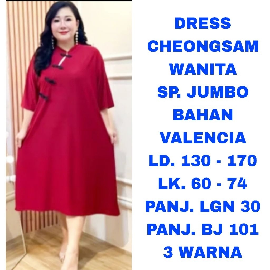 WK DRESS CHEONGSAM POLOS WANITA SUPER JUMBO LD. 130 LD. 140 LD. 150 LD. 160 LD. 170 MERAH BURGUNDY M