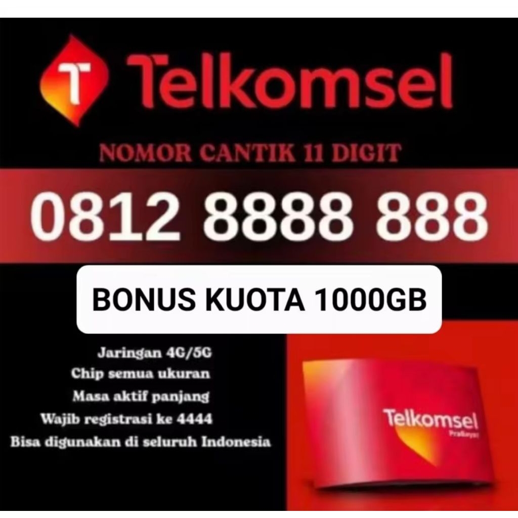 Kartu perdana No cantik Telkomsel simpati angka8 bonus KEOTA 1000GB masa aktif panjang