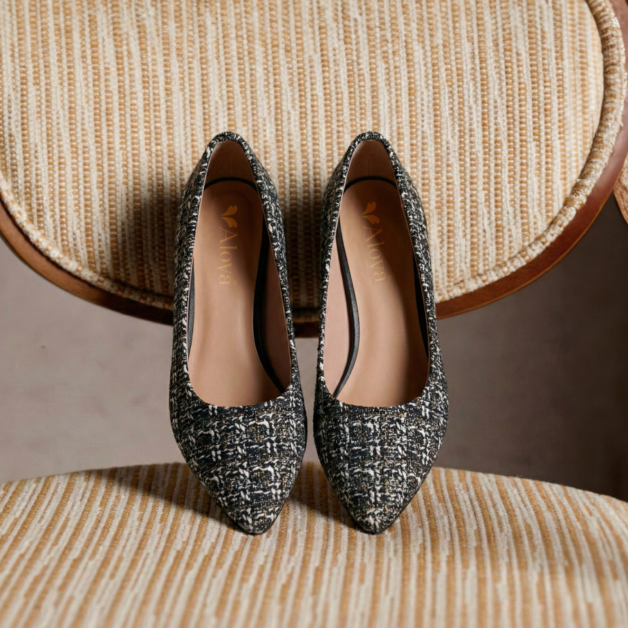 Alivelovearts Jane Pantofel Tweed Korea Heels 5cm Sepatu Runcing Wanita Kerja Hak Tahu Korea