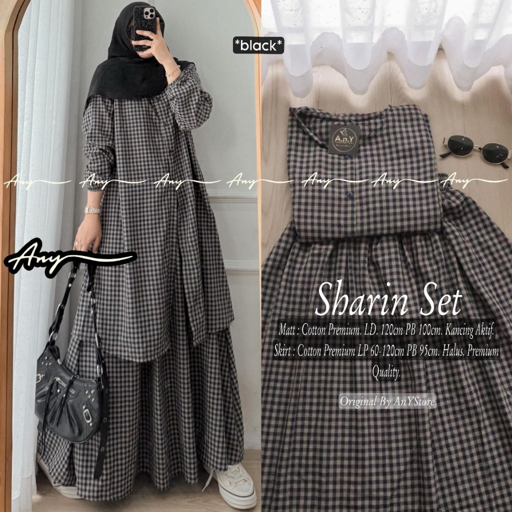 Shari setelan long tunic jumbo ld 130 ld 120 long tunik stripe midi dress kotak kotak  by A.N.Y rok 