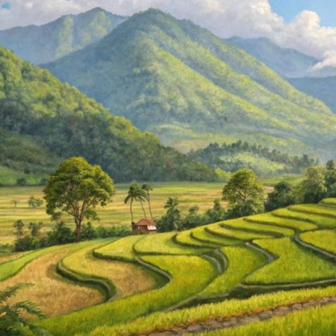 Lukisan Pemandangan Sawah Terasering – Nuansa Alam yang Menenangkan