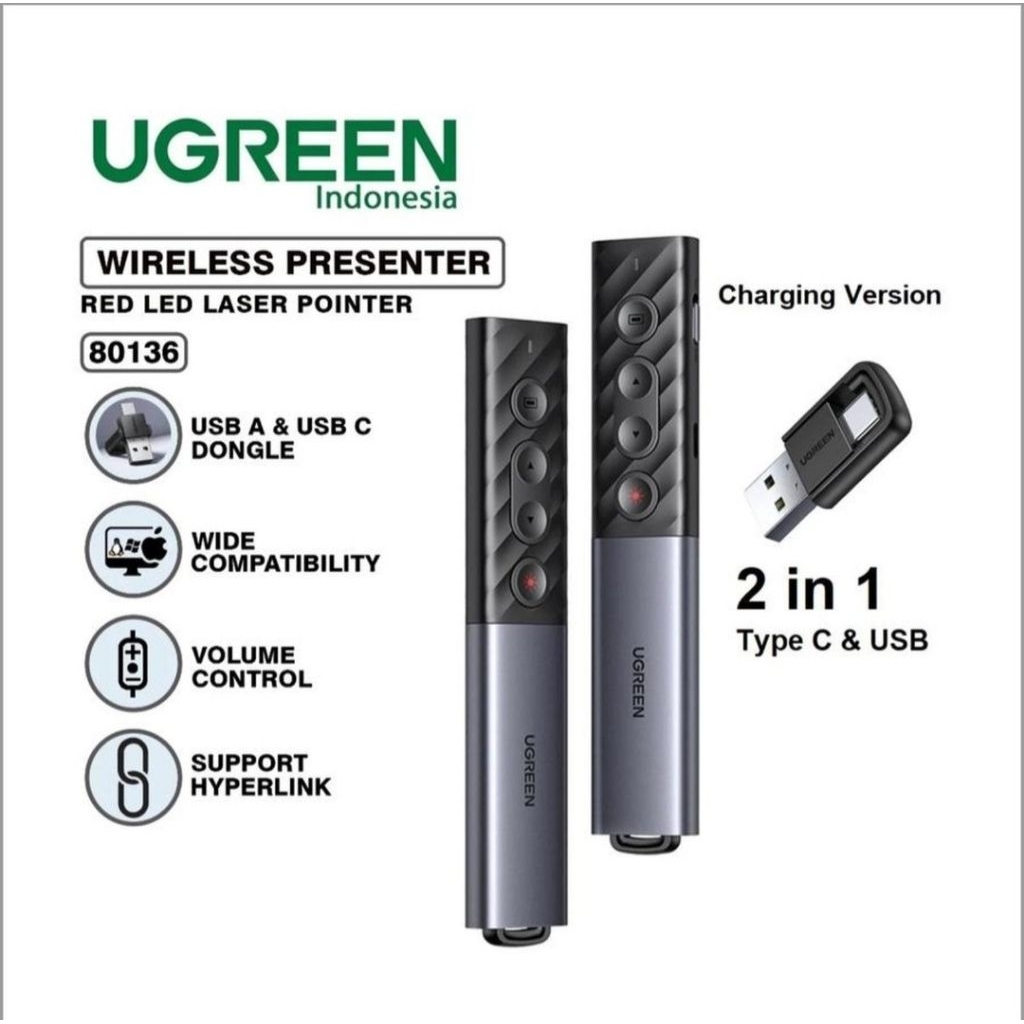 Ugreen 80136 Red Laser Pointer Wireless Presentation Remote Control Presentasi With Volume