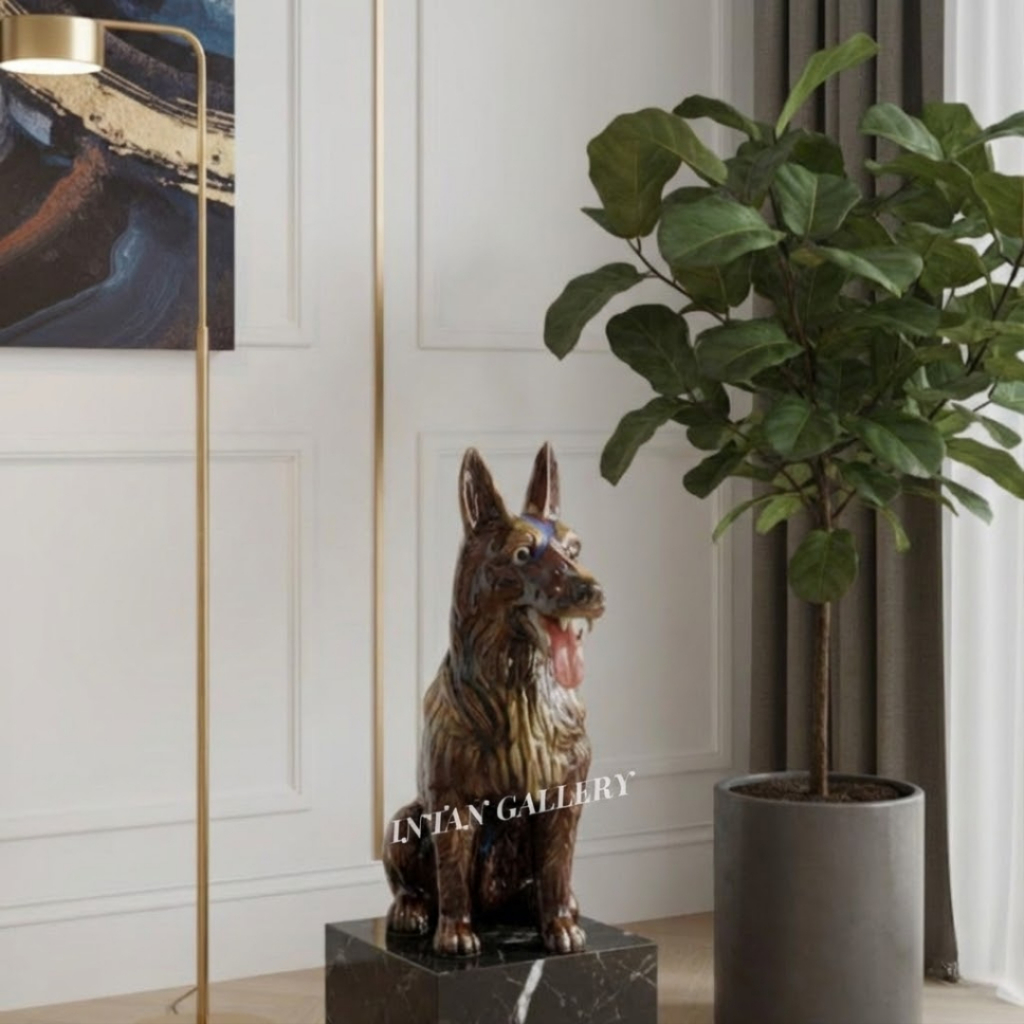 Pajangan Patung Keramik Porselen Anjing German Sepherd - Gratis Packing Kayu