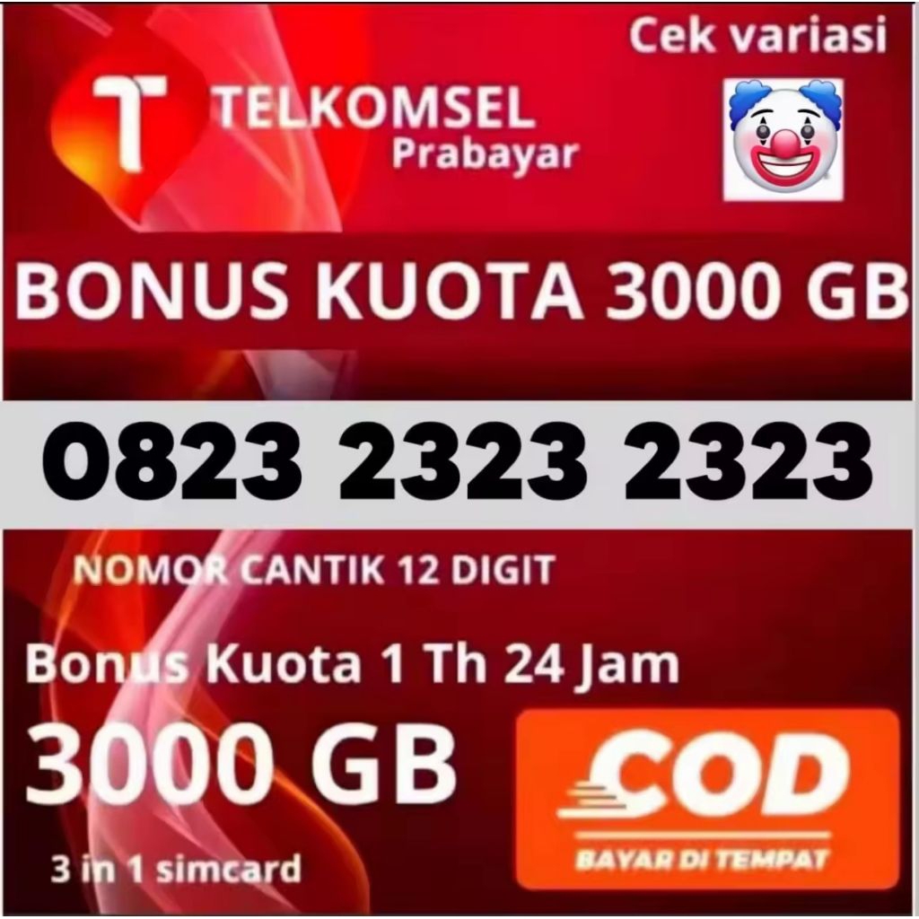 Kartu perdana No cantik Telkomsel simpati  bonus KEOTA 3000GB masa aktif panjang
