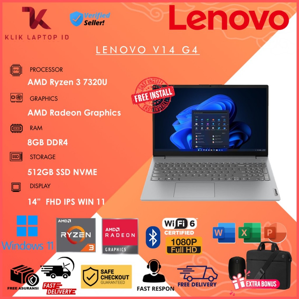 Laptop Murah Lenovo V14 Ryzen 3 7320U 8GB 512GB SSD FHD IPS Win11+OHS