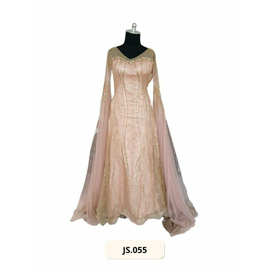 GAUN PESTA MERMAID PRELOVED WARNA ROSE GOLD DENGAN MODEL LENGAN JUBAH/CAPE SLEEVES (JS.055)