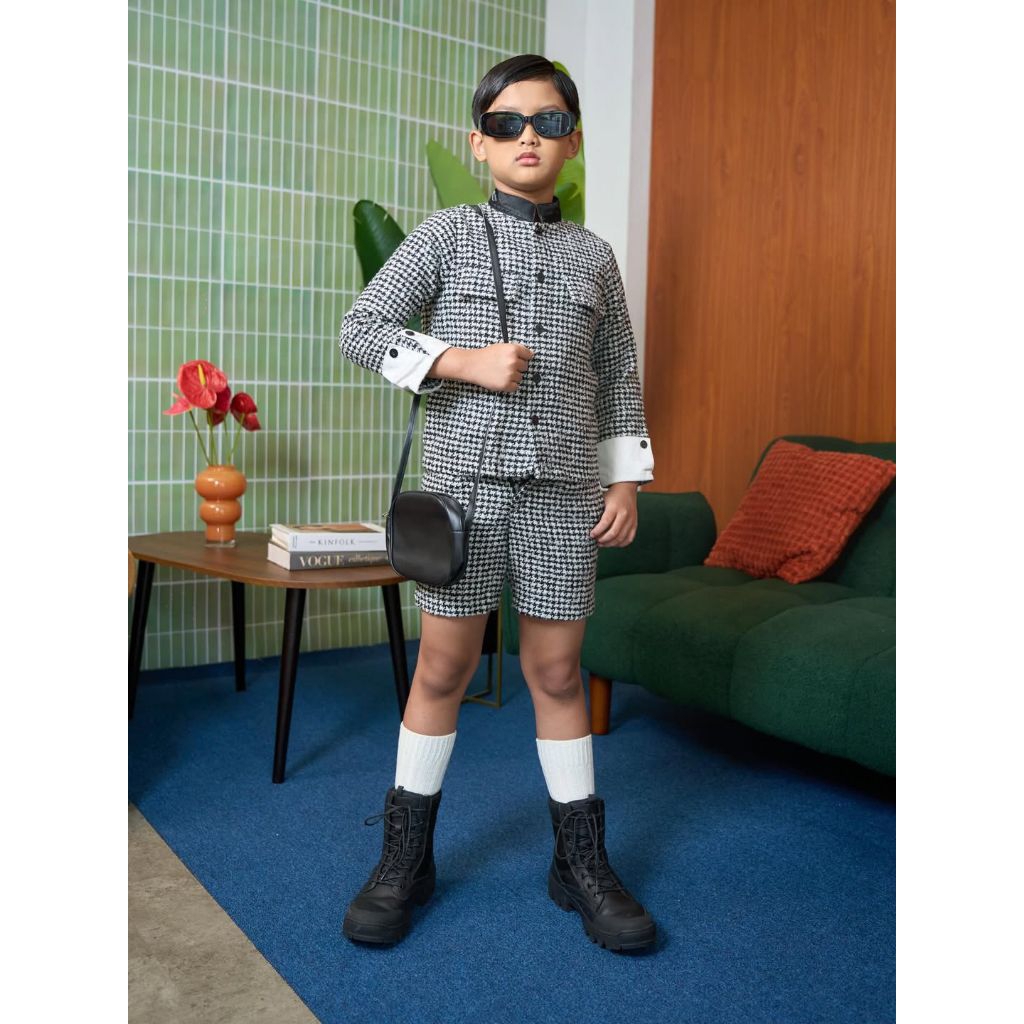 HF LUOWE One Set Tweed Kemeja Lengan Panjang & Celana Pendek Full Furing