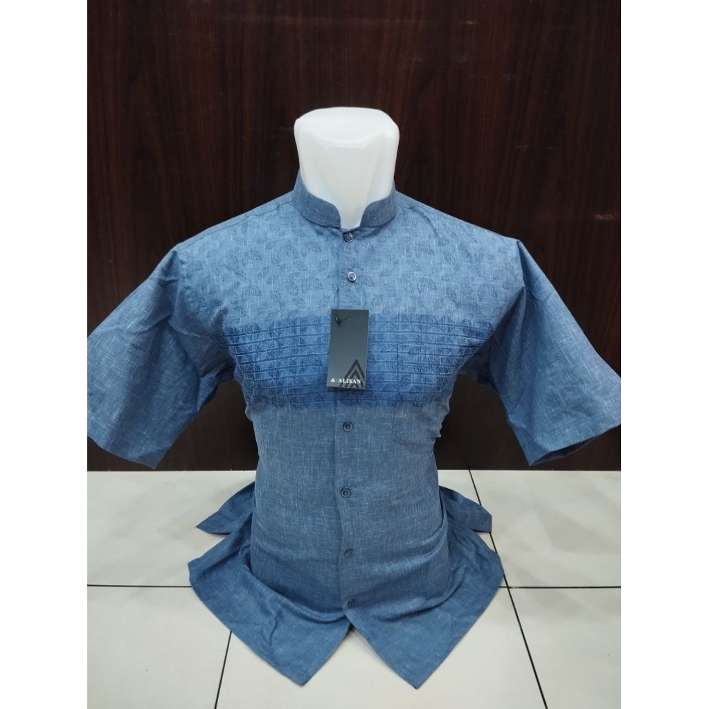Alisan Baju Muslim Koko Fashion Pria Motif Daun Biru & Hitam Lengan Pendek Reguler
