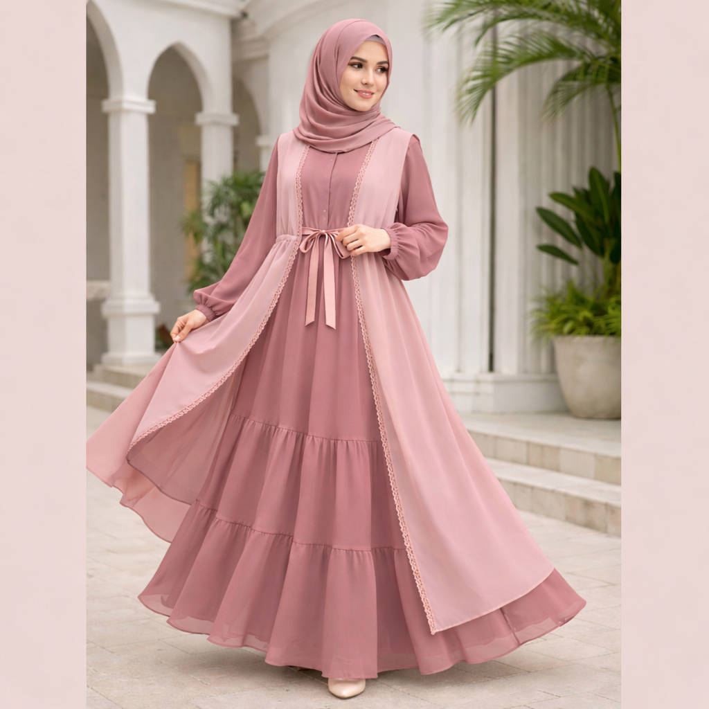 Hizbiya Gamis Ceruty Baby Doll Twotone Rompi Lepas – Gamis Wanita Kekinian