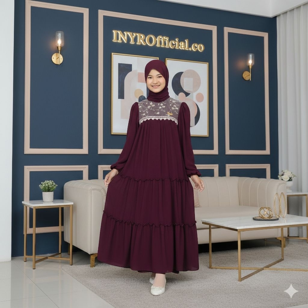 HAW4 gamis anak remaja tanggung ceruti babydoll premium mix tulle tille brukat brokat dan renda