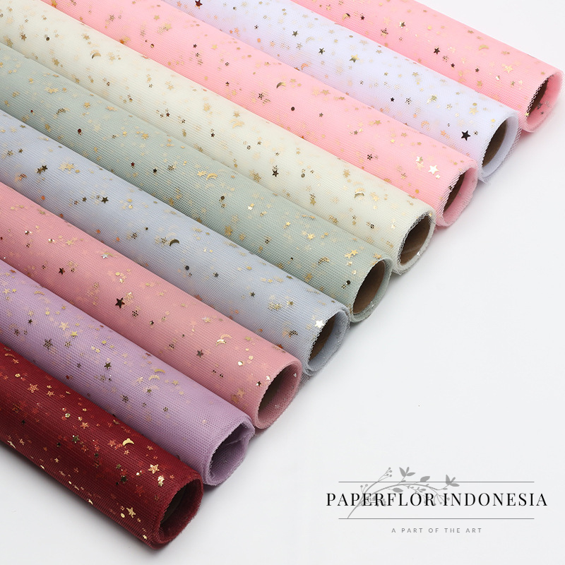 (1 ROLL) KAIN TILE JARING MOTIF BINTANG BULAN KOREAN MESH WRAPPING BUKET BUNGA - PAPERFLOR INDONESIA