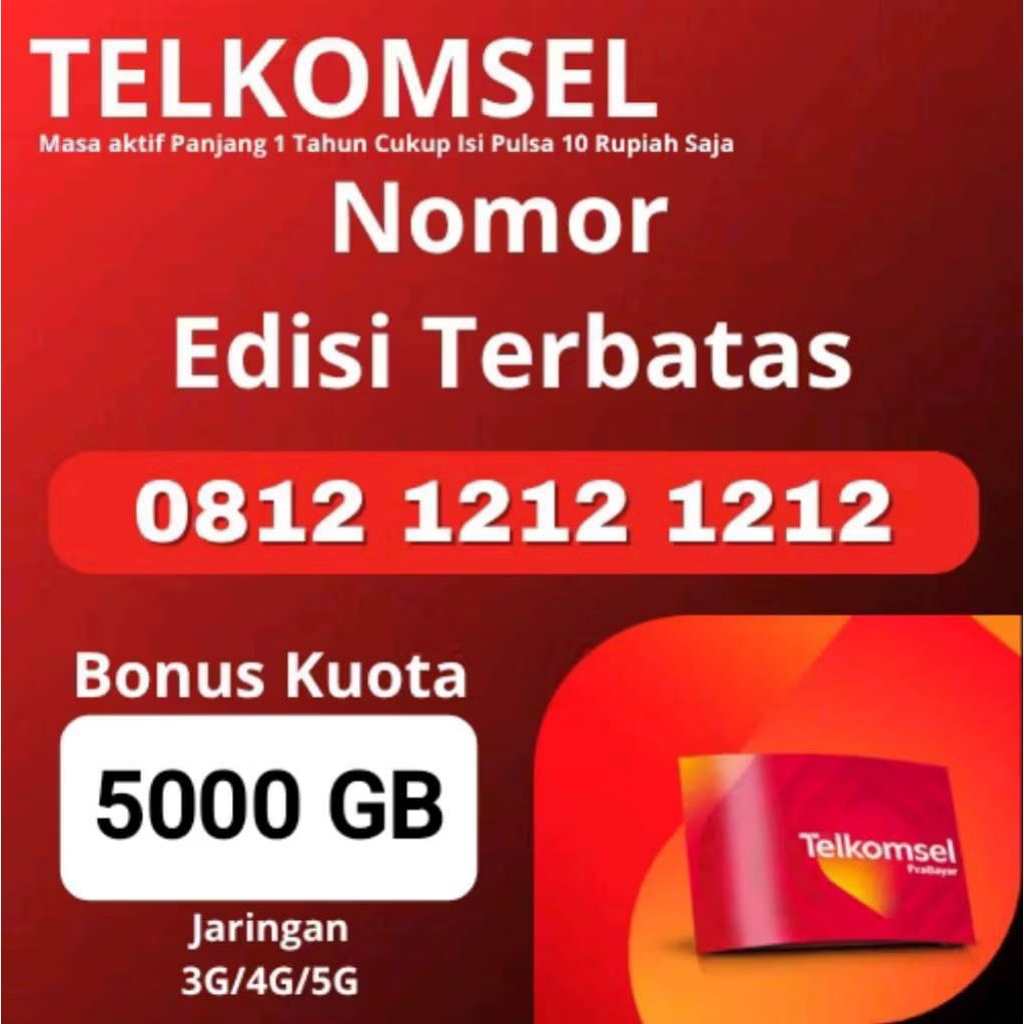 Promo Kartu Prabayar Cantik Telkomsel 12 Digit Bonus Kuota 5000GB Jaringan 4G/5G
