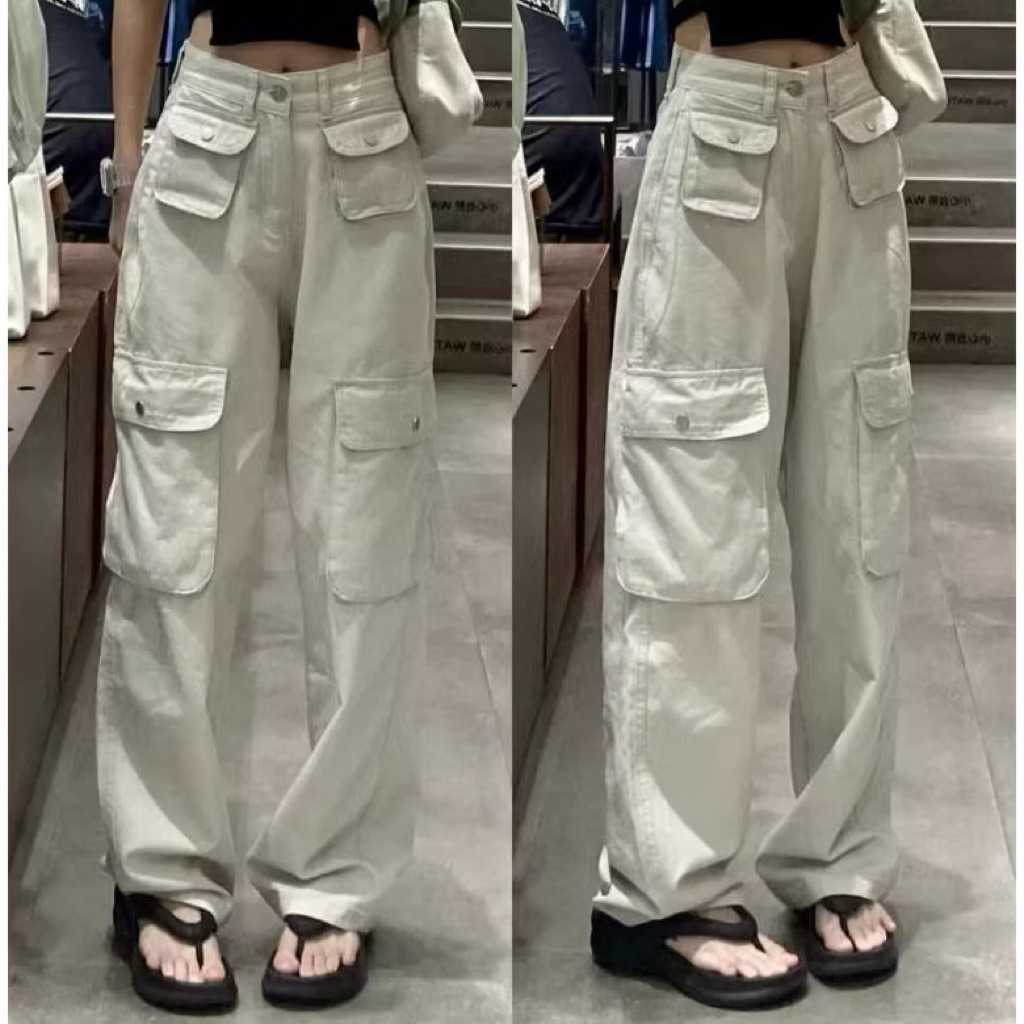 Celana Cargo Panjang Wanita Highwaist - Cargo Denim Pasir Putih Krem Cargo LULU