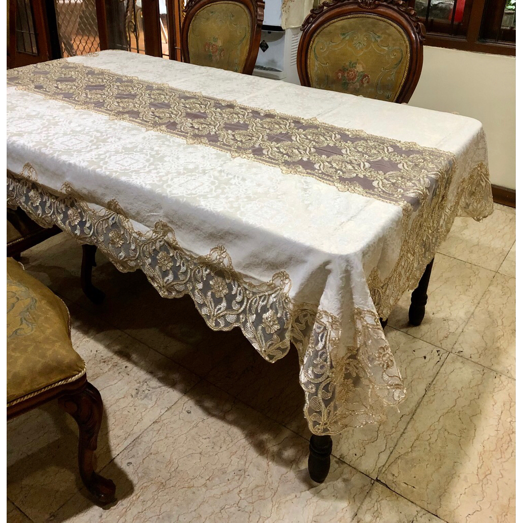Taplak meja makan kain renda Bunga 6-8 kursi Persegi dan Oval kualitas Premium