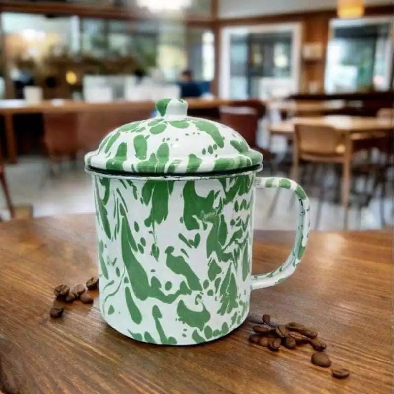 Mug Enamel Motif Bunga / Mug Enamel Motif Burik Loreng Jadul Set dengan tutup