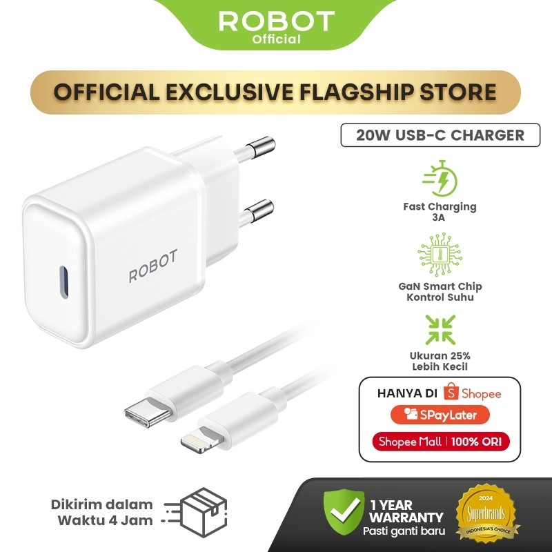 ROBOT Adaptor Kepala Fast Charger iPhone 17 16 15 GaN 20W Fast Charging Samsung Type C & Lightning RT-P20S Original – Garansi 1 Tahun