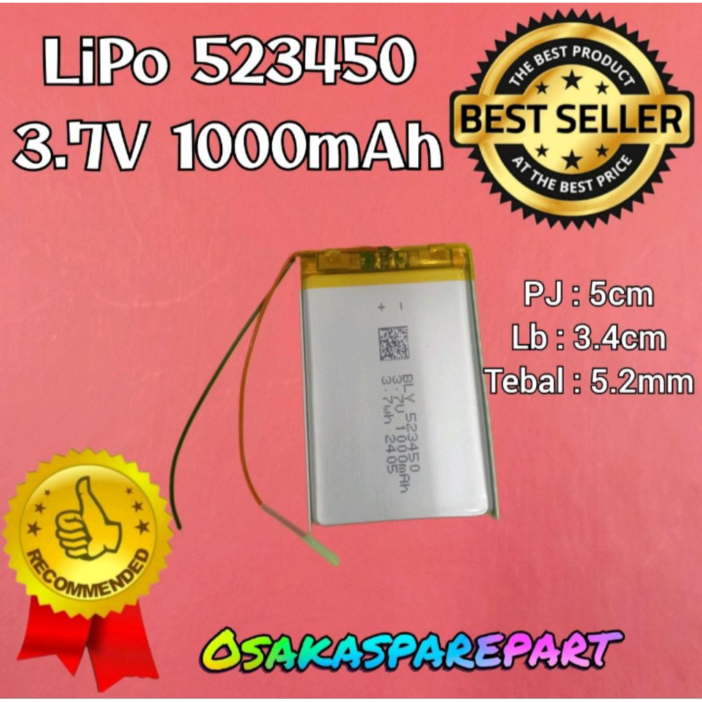 Baterai Lithium-ion Polymer LiPo 1000Mah 523450