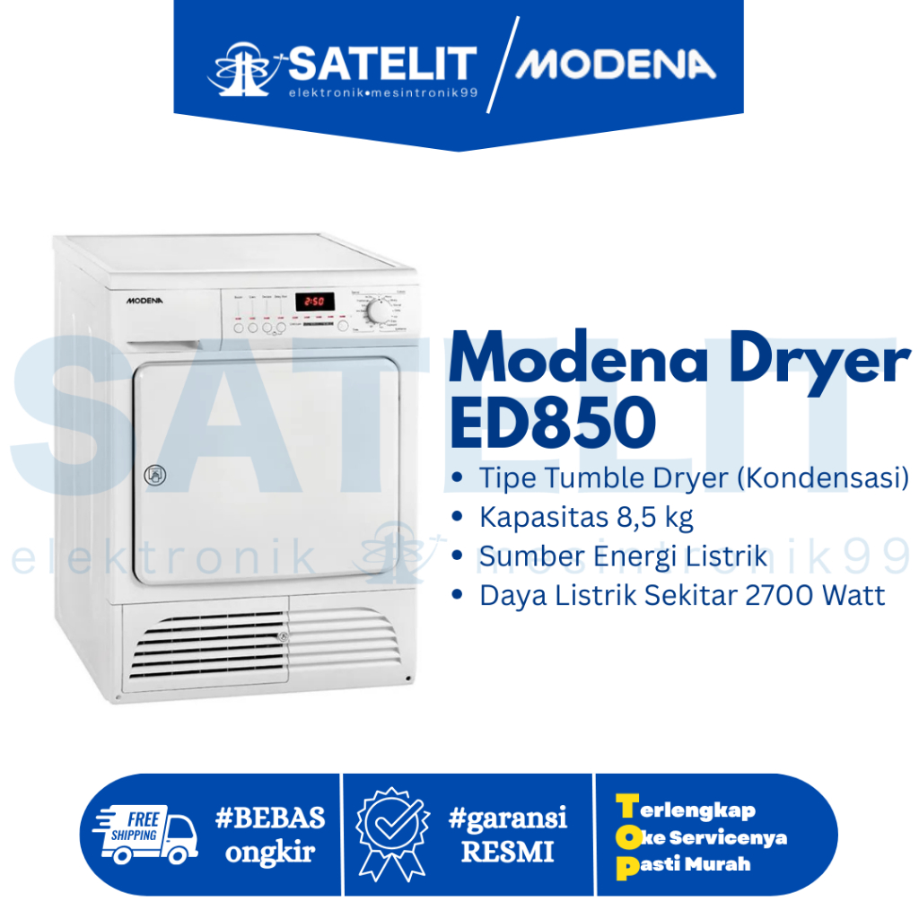 Pengering Pakaian Modena ED 850, Kapasitas 8.5 kg, Putih, Front Loading