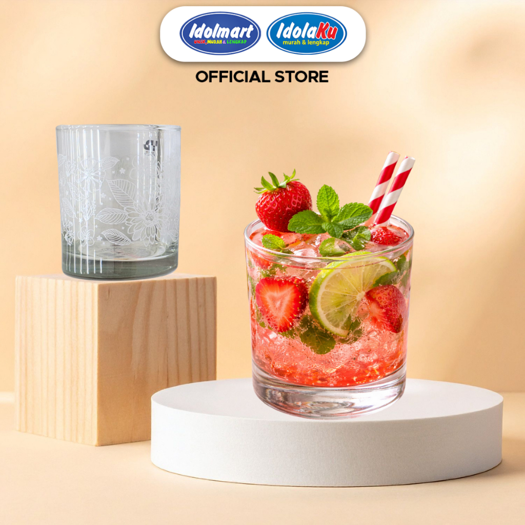IDOLMART Gelas Minum Kaca Motif Floral Elegan | Gelas FNG Satuan -Surabaya