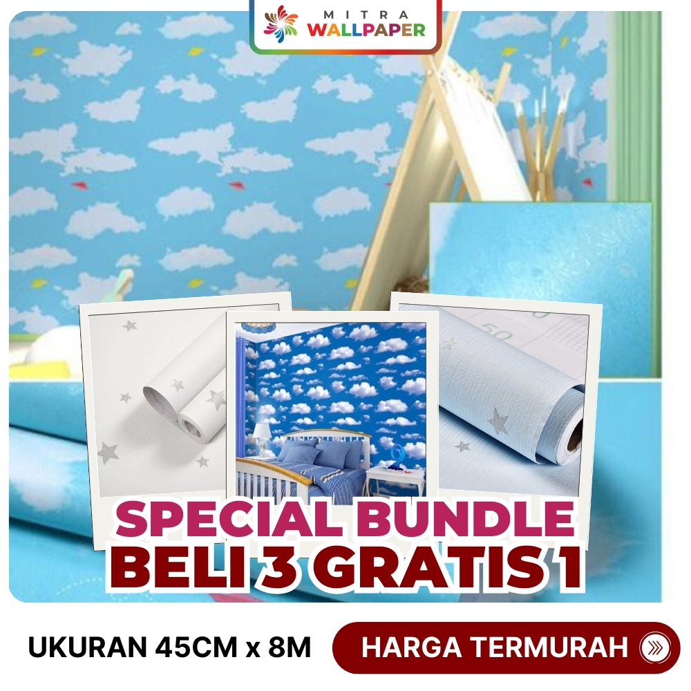 Wallpaper Sticker Dinding Plafon Ruang Tamu Salur Biru Motif Langit Bintang Putih SPECIAL BUNDLE