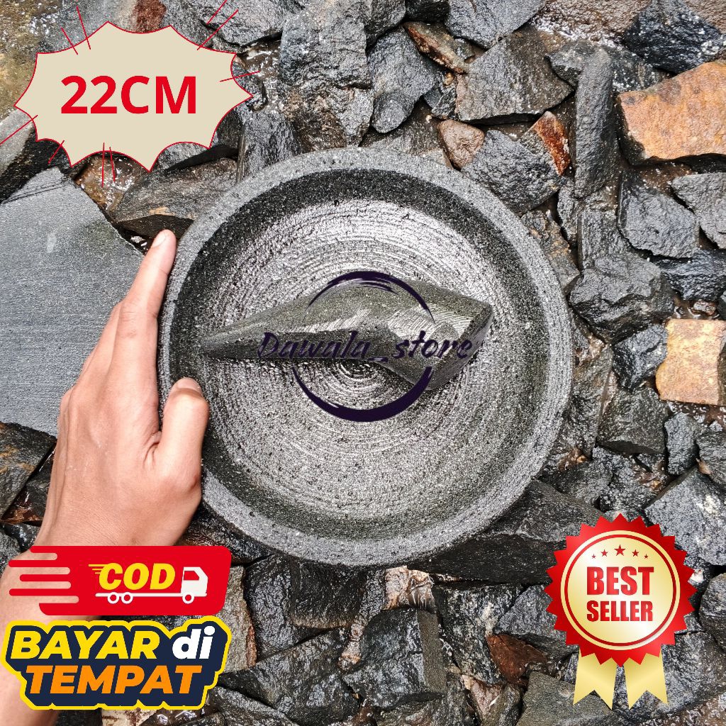 cobek batu asli diameter 22cm free ulekan (bubut) di jamin 100% asli, anti luntur kuat bertahun"