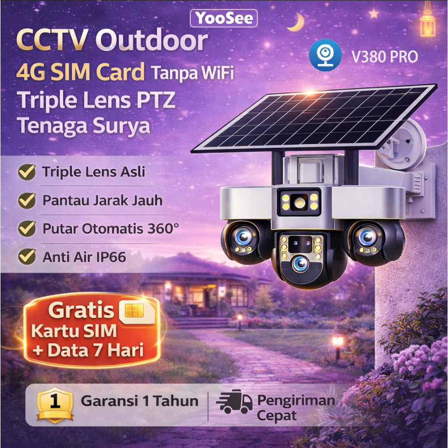 Kamera CCTV Outdoor 4G SIM Card Tanpa WiFi Triple Lens PTZ Tenaga Surya Waterproof Kebun/Parkiran