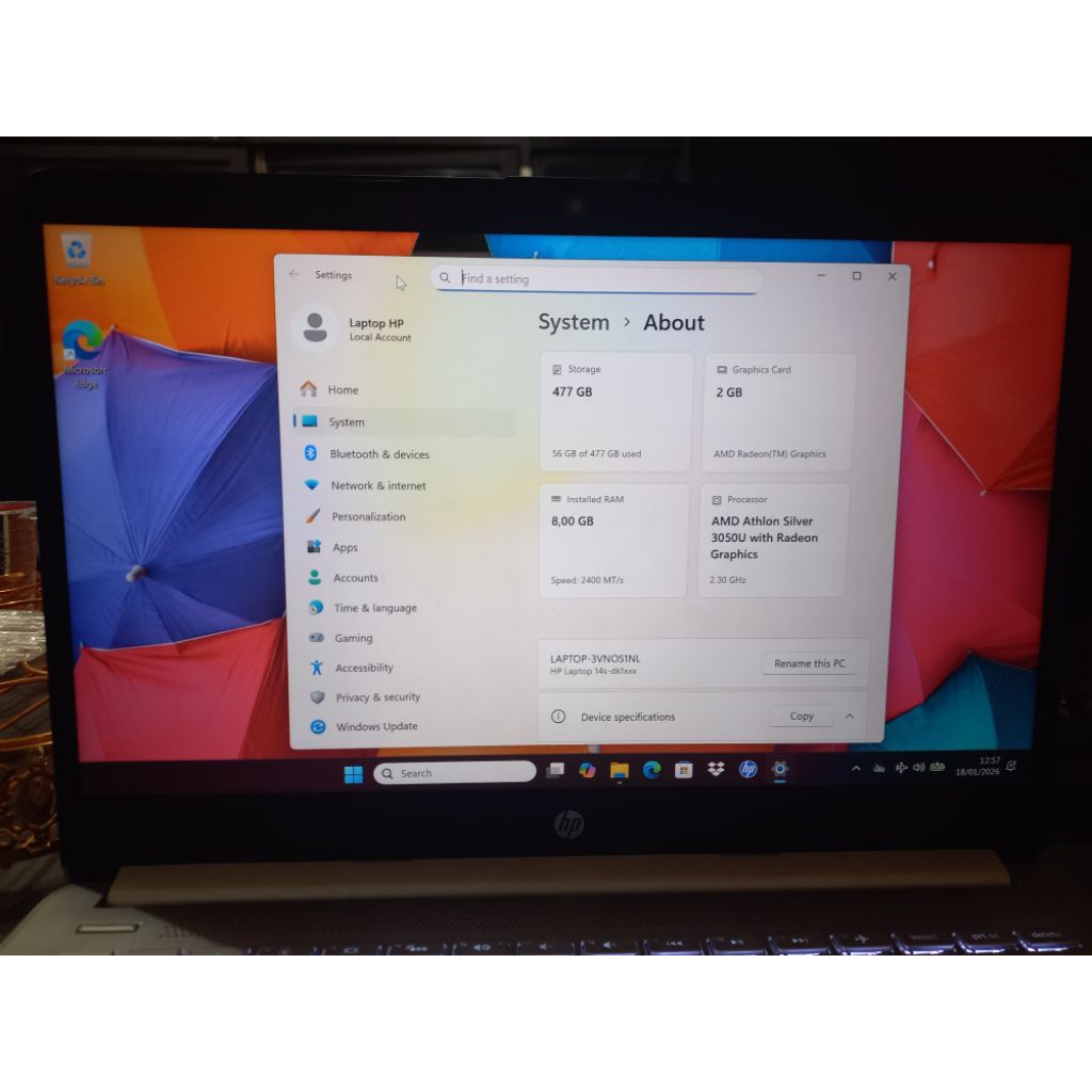 Laptop Second | HP 14s dk1507AU ATHLON SILVER 3050U SSD 512/8GB RAM Windows 11