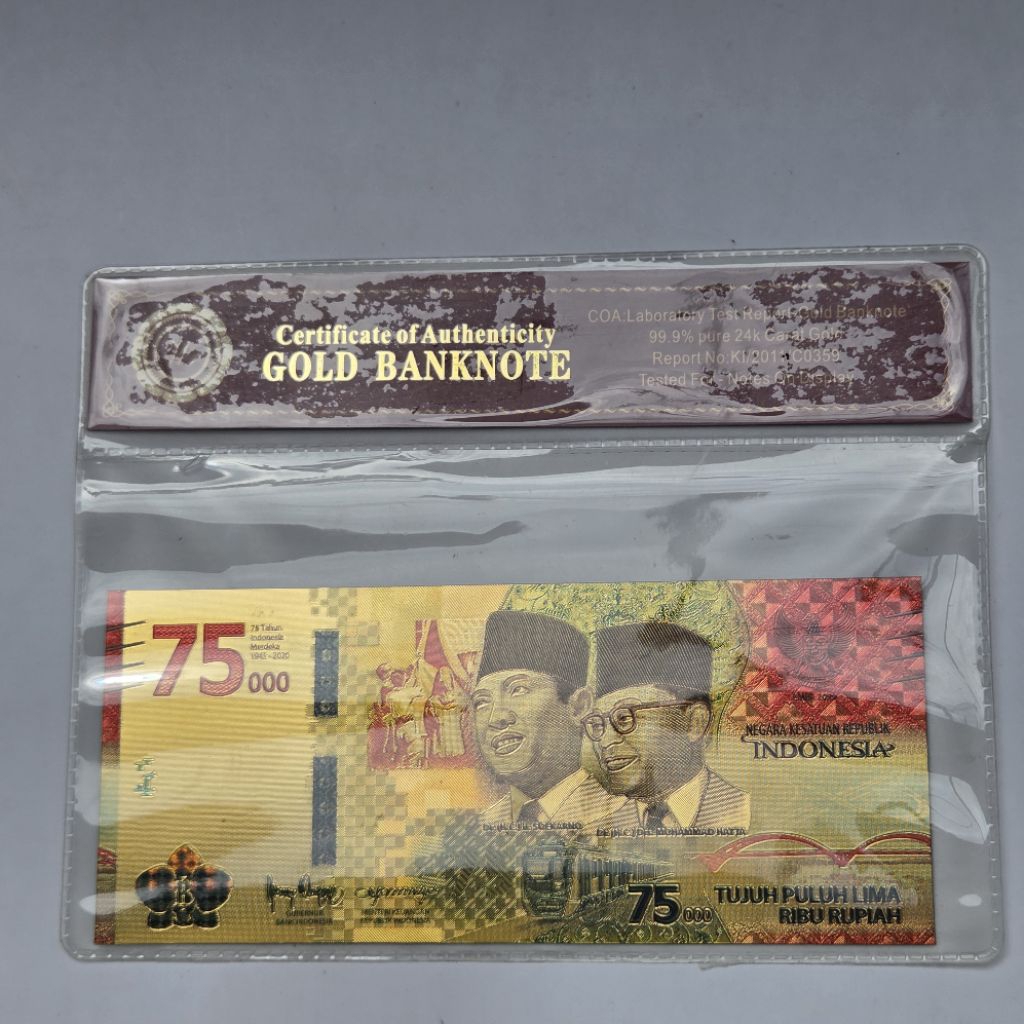 Uang Replika 75000 Gold Foil Indonesia Plus Fodder Antik