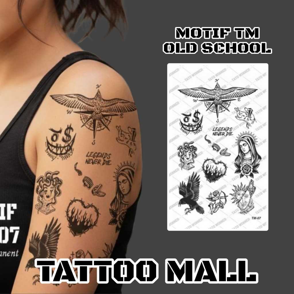TATTOOMALL - Stiker Tato Temporer Semi Permanen Anti Air ukuran 18x11cm Motif Old School TM 01-20 / 