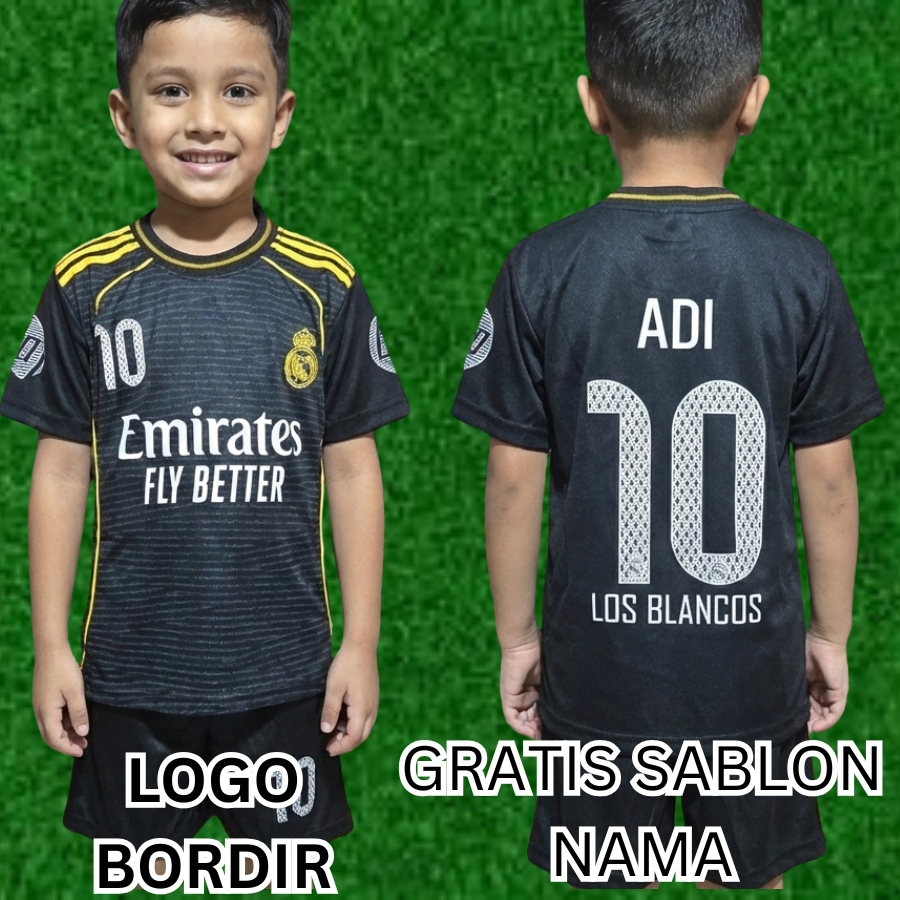 setelan baju bola real madrid hitam gratis nama/jersey madrid hitam usia 0-13thn