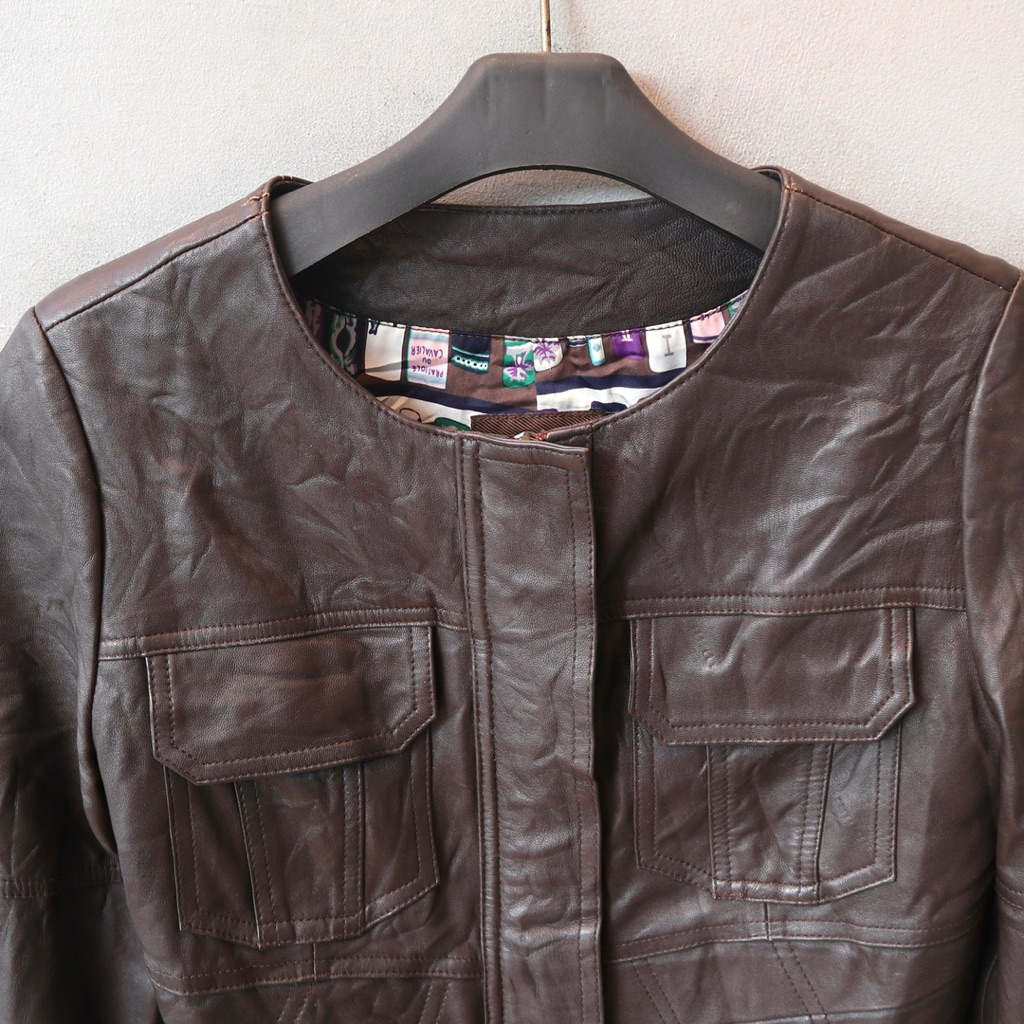 Jaket kulit size M kulit asli domba coklat tua casual slim trucker treker traker kantong dada kemeja