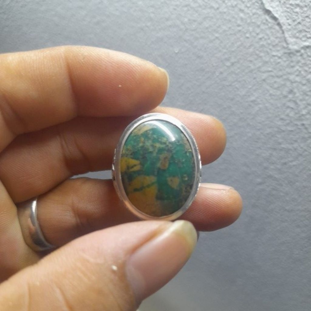 natural Batu pirus persia hijau dongdong ring perak handmade