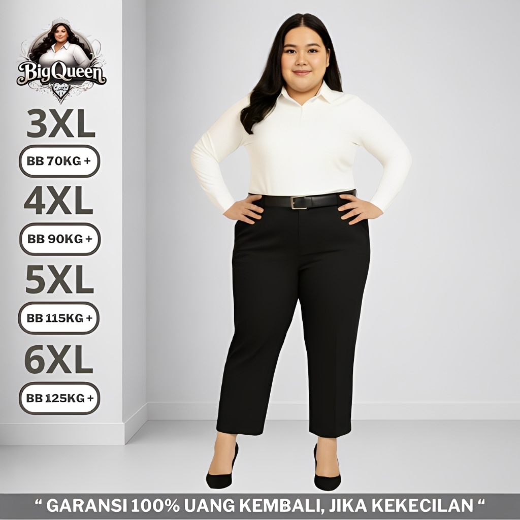 Celana Formal Big Size Wanita Kerja Kantor Jumbo Pinggang Karet Katun Hitam