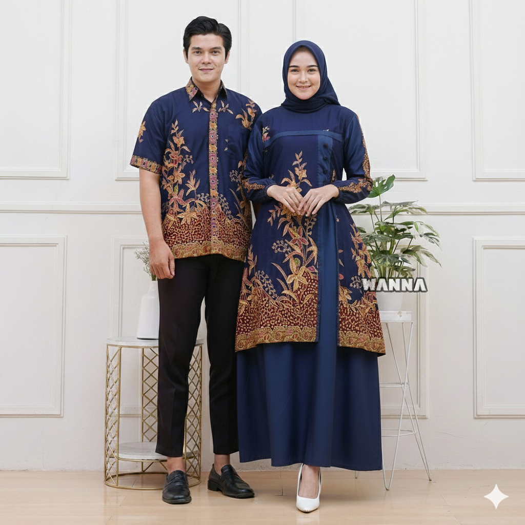 OUTFIT LEBARAN GAMIS COUPLE KEMEJA BATIK GAMIS KOMBINASI TOYOBO
