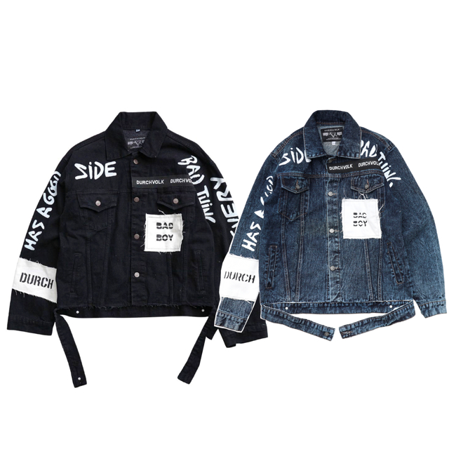 DURCHVOLK /Jaket Jeans Denim Pria Wanita Painting Ripped Patch Big Size Hitam Blue sandwash