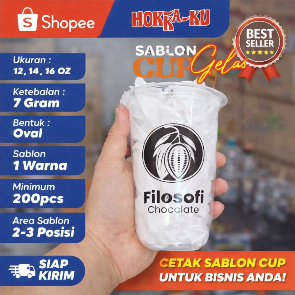 Sablon Gelas Cup Hokaku 12oz, 14oz & 16oz Oval 7Gram (Merk Cup Hokaku) - Minimum Order 200 Pcs