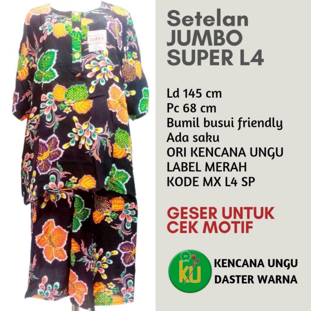 Babydoll Setelan Batik Super Jumbo L4 Kencana Ungu Label Merah Kancing Depan