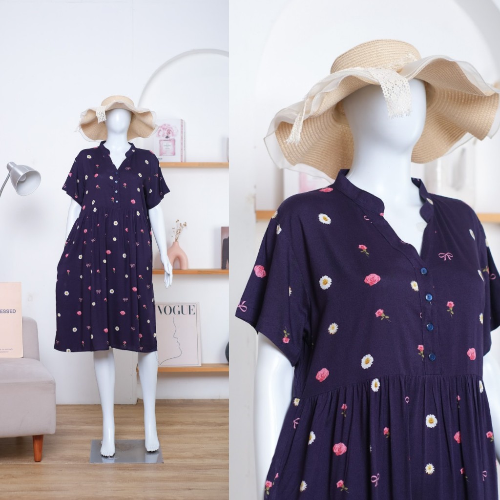 Meymoire.id  -  Noura Dress Daster Wanita Kerah Shanghai Jumbo Pendek Selutut Rayon Premium Adem Nya