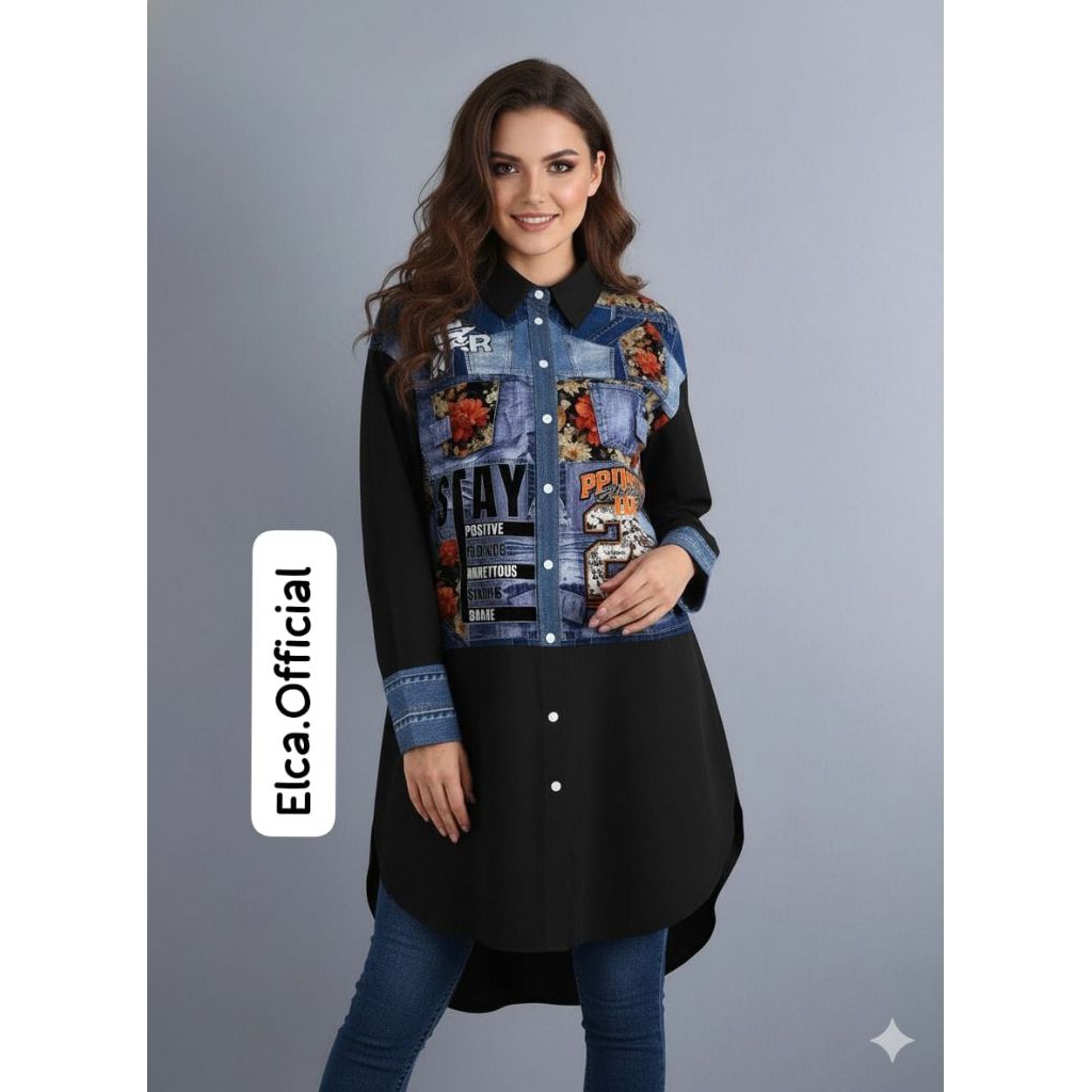 LONG PRINTED JEANS SHIRT / KEMEJA JEANS PRINT MOTIF / KEMEJA PANJANG