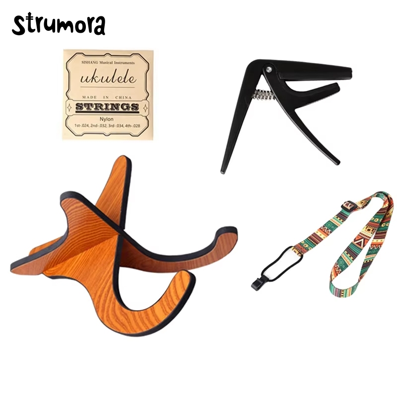 STRUMORA Set Aksesori Ukulele 4-In-1, Dudukan Ukulele, Tali Ukulele, Capo Ukulele, Senar Stand Lipat