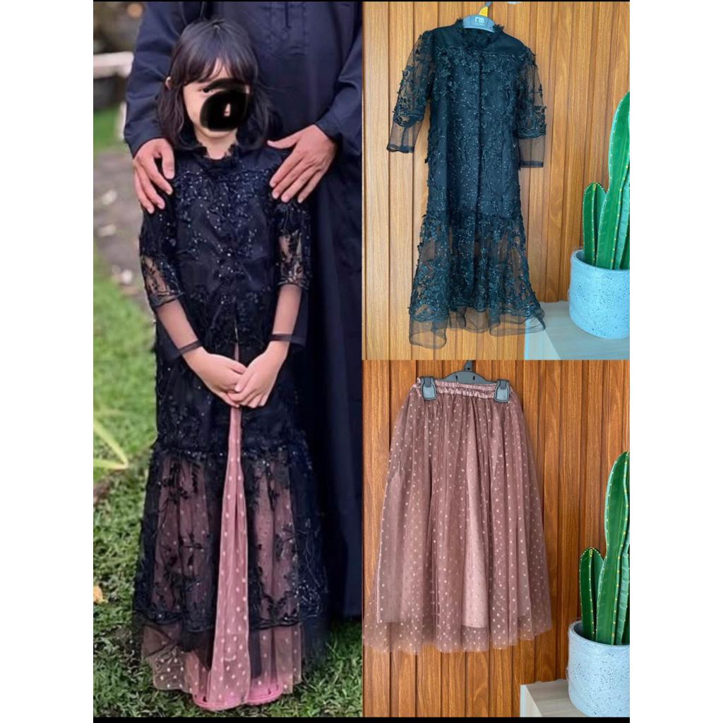 dress anak bahan brokat rok tutu warna hitam pekat rok warna milo