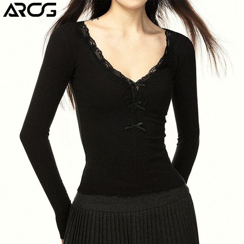 ARCG Kaos lengan panjang wanita Hitam Garis leher V yang ketat dan memperlihatkan tubuh langsing Ren